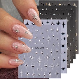 6 Sheets Star Nail Stickers for Nail Art - 3D Self-Adhesive Black Gold Silver Shiny Glitter Star Nail Design Stickers Luxury Nail Decals Star Stickers Nail Supplies for Women Acrylic Nail Decoration