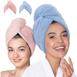 GVTECH Toalla de Microfibra para Cabello 2 Pack; Secado de Pelo Rápido; Gorro Absorbente de Agua para Mujeres; Turbante Suave de Baño con Botones (Rosa + Azul) (Rosa + Azul, 2)