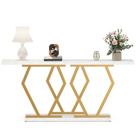 LITTLE TREE Console Table, 70.9 Inch Extra Long Sofa Table with Faux Marble Tabletop Base Gold Frame Narrow Entryway Table Hallway Table Contemporary Accent Table for Living Room, White Gold