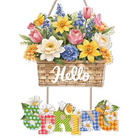 Ausril Hello Spring Decoration,Spring Welcome Sign for Front Door,Spring Flower Door Hanger,Flowers Basket Wall Decor,Butterfly Birds Florals Wall Plaque Easter Wreath for Outdoor Home Porch Yard