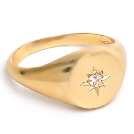 Gempires Cubic Zirconia North Star Signet Rings with 14K Gold Plated, April Birthstone Jewelry, Lightweight Statement Rings for Women, Simple Everyday Jewelry, US Size-8