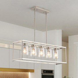 Farmhouse Chandeliers for Kitchen Island, Modern 5-Light Rectangle Chandelier, Brushed Nickel Linear Pendant Lighting Fixture with Clear Glass Shade, L35.4 Inch
