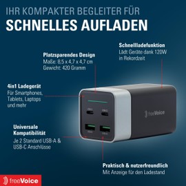 freeVoice Multipower Fast Charger 120 W I USB-C Power Supply for Socket I 2 USB-A & 2 USB-C Ports I 4 in 1 Charger for Smartphone, Laptop & Tablet I Multiple Charging Station I GaN Charger