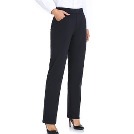 Oalka Women's Dress Pants Straight Leg Yoga Work Stretchy Pant for Office Business Black Regular L
