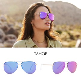 DIFF Tahoe Designer Oversized Aviator Sunglasses for Women UV400 Protection, Gold + Purple Mirror