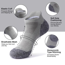 VWELL Men's Running Ankle Socks With Cushion Low Cut Breathable Athletic Sports Tab Socks for Men-6Pairs (Grey1, Medium)