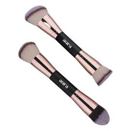 Aura Brochas de maquillaje facial, 2 brochas de maquillaje de doble punta para aplicar líquido, crema y polvo. Incluye pinceles planos, de contorno, en ángulo y de mezcla. Brochas de base y mezcla.