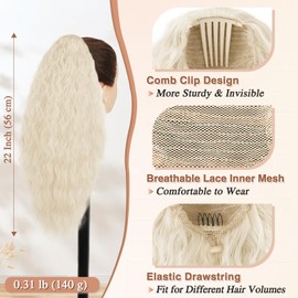 BARSDAR Comb Clip Ponytail Hairpiece, 56 cm Curly Wavy Ponytail Extension Blonde with Drawstring Synthetic Clip-In Ponytail Extension Hairpiece for Women - Platinum Blonde Mixed