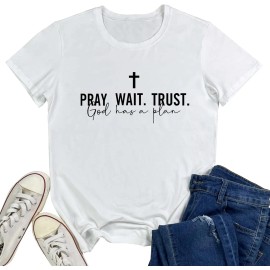 Women Pray Wait Trust Soft Sleeveless Crew Neck Cute Graphic T-ShirtsColor: White, Size: Xl
