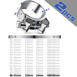 Exhaust Pipe Clamp 86-91 mm Joint Bolt Clamp Stainless Steel Pack of 2 Exhaust Pipe Band Width 24 mm Motorcycle Exhaust Clamps Clamping Jaw Clamps for Use on Exhaust Hose Water Pipe Attachment