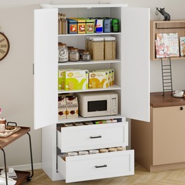 BORNOON Pantry Organizers and Storage Cabinet, 71” Barn Door White Kitchen Cabinet with Drawers and Adjustable Shelf, Tall Pantry for Kitchen, Dining Room, Living Room. Bathroom and Office