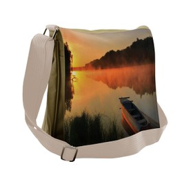 Ambesonne Lake Messenger Bag, Boat on Misty Shoreline, Unisex Cross-body
