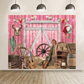 ChloropLastid 10x8ft Western Cowgirl Backdrop Pink Barn Door Cow Farm Country Rustic Wooden House Photography Background Cowgirl Birthday Party Decoration Photoshoot