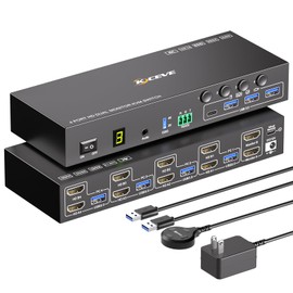 HDMI KVM Switch 2 Monitors 4 Computers 4K@60Hz EDID Simulation, 4 Port KVM Switch Dual Monitor with 4 USB 3.0 Ports for USB Peripherals, Audio, RS232, with Wired Remote, 12V Power and 4 USB Cables