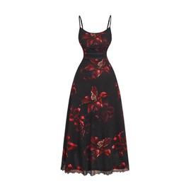 BEAUDRM Women's Plus Size Floral Cami Dress Mesh Ruched Vintage Ruffle Hem Flared Long Maxi Dresses Red and Black XX-Large Plus