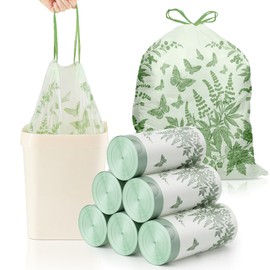 6-8 Gallon 150pcs Drawstring Trash Bags, Green Strong Trash Bags 8 Gallon with Cute Butterfly Printed, Mugwort Smelling Bathroom Garbage Bags, Suitable for Office, Bedroom Trash Cans