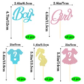 Sotpot Glitter Boy or Girl Cupcake Toppers, Gender Reveal Cupcake Picks Jumpsuit Cupcake Topper for Baby Shower Birthday Party Supplies