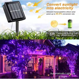 QITONG 2 Pack Purple Solar Fairy Lights Outdoor Waterproof, Each 66ft 200 LED Solar String Lights, 8 Modes Silver Wire Solar Twinkle Mini Lights
