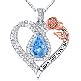 Hidepoo Sterling Silver March Birthstone Necklace for Women, Blue Aquamarine Necklace Rose Love Heart Pendant Teardrop Necklace Birthstone Jewelry Birthday Gifts Mom Girlfriend Wife Christmas Gifts