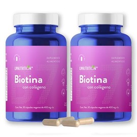 LIV NUTRITION  Biotina Con Colgeno 400 Mg  60 Cpsulas Veganas Sin Gluten Y Sin Azcar  Pack 2 Frascos Con Tapa De Seguridad  Suplemento Alimenticio... 