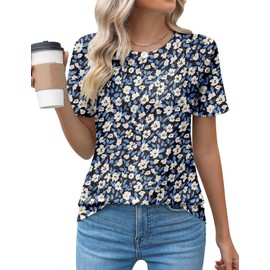 Kistore Womens Tops Plus Size Summer Elegant Crew Neck Short Sleeve Floral Tunic Tops for Leggings Blue 3XL
