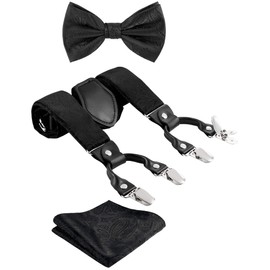 Corbata G, tirantes y pajarita, bolsillo cuadrado/juego de 3 piezas, 3,5 cm de ancho de banda, 6 clips, 3 bucles de piel, longitud ajustable, Una cachemira negra., Large