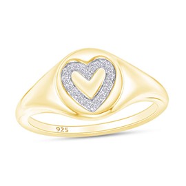 Heart Shaped Round Cut White Natural Accent Diamond Outline Signet Engagement Ring In 14k Yellow Gold Over Sterling Silver For Womens Ring Size-4 (0.05 Cttw)