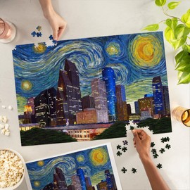 Lantern Press Made in USA Puzzle for Adults - 1000 Pieces, Reference Poster, Premium Box, Houston, Texas, Starry Night City Series