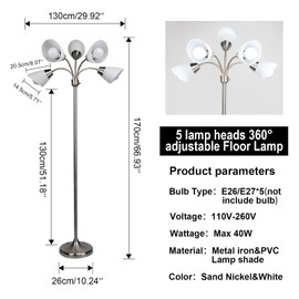 FIRVRE Multi Arm Floor Lamp Standing Lamp, Reading Floor Light with Adjustable Arms 5 Head PVC Lampshade,Sand Nickel Modern Tall Metal Lamps,Floor Lamp for Living Room, Bedroom,Dining Room