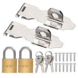 PATIKIL Door Lock Hasp Latch 2.2 Inch,2 Set Stainless Steel Safety Hasp Lock Clasp Hinge Packlock(25mm) with Screws/Key for Door Gate Cabinet Closets, Silver
