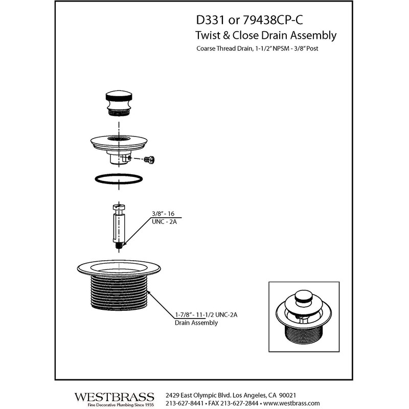 Westbrass D331-50 1-1/2-Inch NPSM Coarse Thread Twist & Close Bath