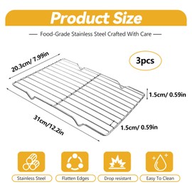 MHYMX Kuchengitter, 3 Stück Abkühlgitter Edelstahl Gitter Rechteckig Grillgitter Groß Backgitter Spülmaschinengeeignet für Backen Auskühlen Grillen Braten (31 X 20 X 1,5cm)