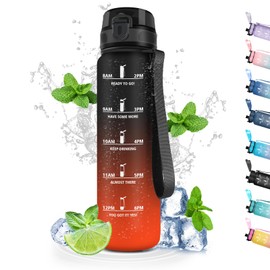 Trinkflasche 1L, Trinkflasche Sport mit Filter, Sporttrinkflasche, Auslaufsicher, Leicht zu Reinigen, Wasserflasche mit Zeitmarkierung, Trinkflasche für Schule, Camping, Outdoor, Wandern, Running