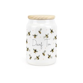 Purely Home Scattered Bees Ceramic Decaf Tea Storage Canister - Bumblebee Ceramic Kitchen Food Storage Container & Wooden Lid 600ml (14.5cm x 9.5cm)