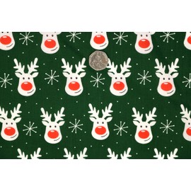 Pyrhan Christmas Fabric | Polycotton Prints | 45 Inch Wide Dress Craft Fabric Material by The Metre | Polycotton Print Used in Sewing Kit and Accessories-Quilting Fabric (45-Green-Rudolph)