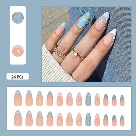 RikView Summer Waves Press on Nails Medium Fake Nails French Tips Nails Almond Acrylic Nails Nude Glossy Full Cover Nails for Women 24 PCs/Set