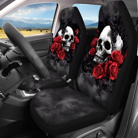 Rucaresri Red Rose Flowers Skull Universal 13 Pieces Auto Accessories Set, Seat Covers Full Set/Seatbelt Pads/Steering Wheel Covers/Coasters/Keyrings,for Most Cars Trucks Suvs