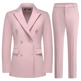 Lamgool Women Pants Suit Double Breasted 2 Piece Blazer Set Work Casual Jacket Outfits for Business (Pink, 3X-Large)