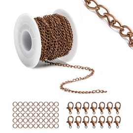 Lemonkey 33 Feet Metal Red Copper Necklace Chains Curb Links Chains Bulk for Jewelry Making DIY Craft Kit with Lobster Clasps Jump Rings