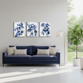 RyounoArt Blue Flower Pictures Navy Blue Hydrangea Wall Art Canvas Modern Floral Paintings for Bathroom Wall Decor 12 * 16 inch *3pcs