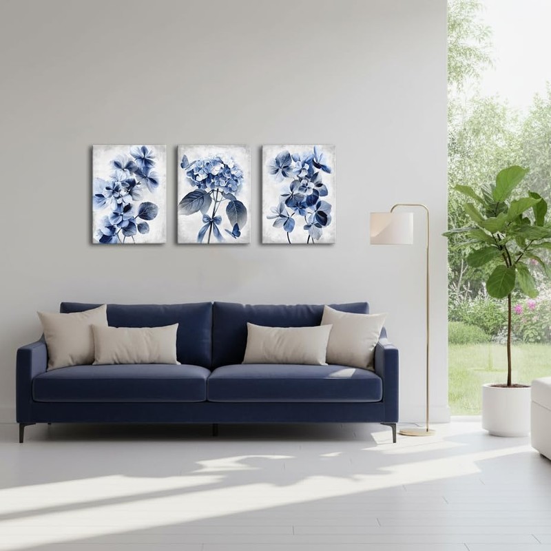 RyounoArt Blue Flower Pictures Navy Blue Hydrangea Wall Art Canvas