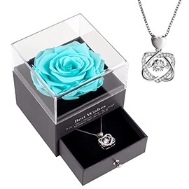 Rosa real preservada con collar. Rosa eterna para mamá, esposa, novia, hermana, ideas para mujeres en el día de la madre, cumpleaños, aniversario, Navidad, día de San Valentín (azul Tiffany)