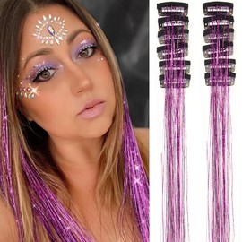 Purple Clip in Hair Tinsel Extensions Pack of 12 Pcs 24 Inch Glitter Heat Resistant Party Dazzle Fairy Hair Accessories Strands Kit(24Inch 12Pcs,Purple)