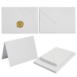 50 Pack White A7 Envelopes with Cards 5x7 Thick Folded Cardstock and Gold Stickers for Greeting Cards, Wedding, Birthday, Invitations, Baby Showers (White, 5x7)