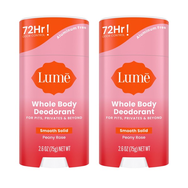 Lume Whole Body Deodorant - Smooth Solid Stick - 72 Hour Odor Control - Aluminum Free, Baking Soda Free and Skin Safe - 2.6 Ounce, (Pack of 2) (Peony Rose)