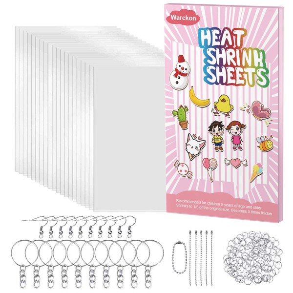 Warckon 149 Pieces Shrink Plastic Sheet Kit Include 24 PCS Shrinky Art Paper with 125 PCS Keychains Accessories for Kids Creative Craft