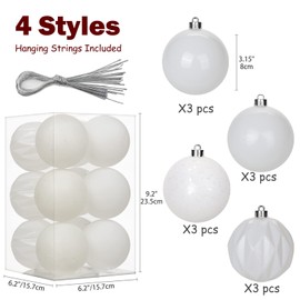 8 cm Christmas Baubles, Glitter Ornaments, 12 Pieces, Shatterproof Christmas Plastic Baubles, Hanging Bauble, White, for Christmas Tree, New Year Ornaments