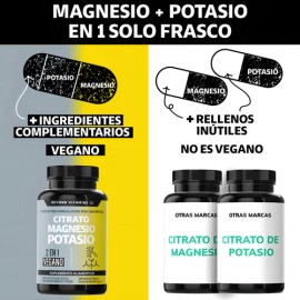 Citrato de Magnesio + Citrato Potasio | Platano en Polvo, Curcuma (curcumina) y Arroz | Magnesio Complex Vegano | Citrate Magnesium + Potassium Citrate - Vitaminas Mujer / Hombre - 60 cápsulas