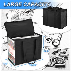 Comic Book Storage Tote, 600D Collapsible Comic Book Case for 160-180 Comics, Comic Book Box Holder with Carrying Handles & Clear Window, Comic Book Bin Container Holder, 15.35''X7.5''X12.2'' (Black)