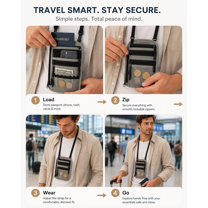 RFID Blocking Travel Neck Wallet for Passports – Lightweight Hidden